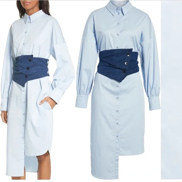 Tibi XS Corset Shirtdress Blue Cotton Poplin Midi Dress - Picture 7 of 12